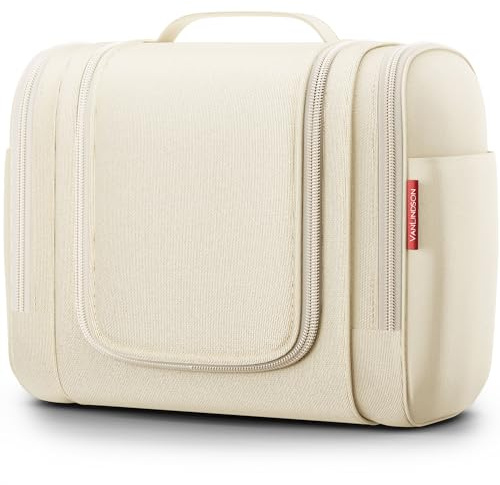 VanLindson Kulturbeutel XXL, 9 Liter Stauraum, 3-in-1 Kulturtasche zum Aufhängen für Damen, Herren und Kinder, Kosmetiktasche für Reise, Waschtasche, Waschbeutel, Wasserabweisend, Beige