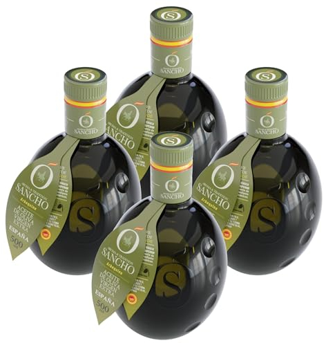 Aceite De Oliva Virgen Extra Arbequina Pack Premium 4x 500ml Botella Vidrio AOVE SANCHO Gourmet Suave Aromatico Frutal Cosecha Temprana Primera Extracción en Frío Origen España DOP La Mancha