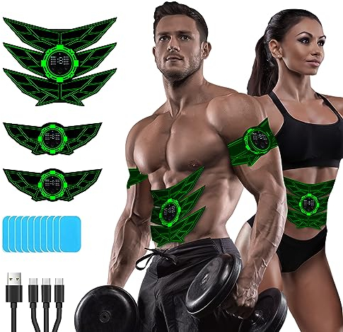 SEVEKO EMS Bauchmuskeltrainer Bauchtrainer, Bauchmuskeltrainer, Sicher Effektiv Schneller EMS Trainingsgerät, Ganzkörper-Muskeltrainer, 8 Modi und 15 Intensitäten, 10 Stück Ersatz-Hydrogels (Grün)