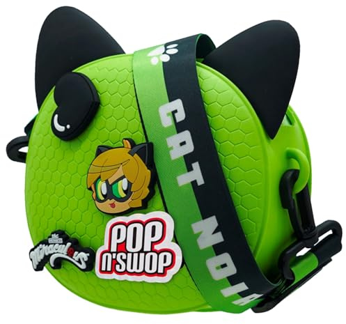 Miraculous Ladybug - Pop n' Swop - Sac à Main pour Enfants, avec 4 Badges à Clipser, Anse et Fermeture éclair, Sac léger, Durable et imperméable (Vert - Chat Noir)