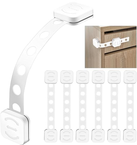 Kindersicherung, schranksicherung kinder, 6 Stück Selbstklebende Baby Schubladensicherung, Längenverstellbar, Schubladensicherung für Baby und Kinder für Tür Schränke Kühlschrank, ohne Bohren, Weiß