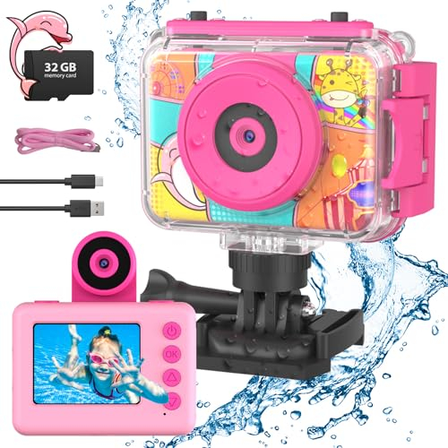 CHAKEYAKE Cámara Fotos Infantil, Camara Fotos Niños Selfie con Lente Reversible 180,1080P Camara Infantil Impermeable para Exteriores con Tarjeta SD de 32 GB,Cámara Juguete Regalo para Niños 3-12 Años