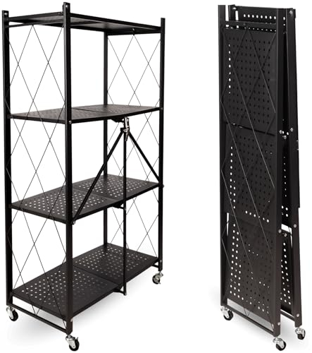 holz4home deluxe4home® Klappbares Regal mit Rollen Schwarz I 4 Fächer/Böden Rollbares Faltregal als Kellerregal Abstellraum I Rollregal Ordnungssystem einfach verstaubar