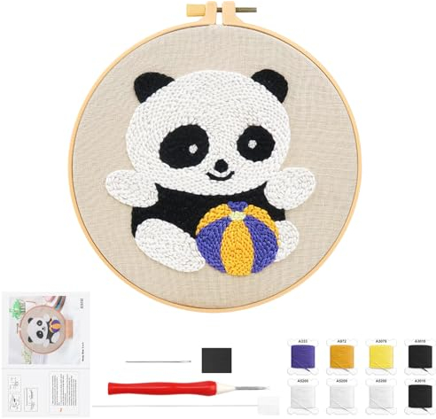 Stanznadel Stickerei Starter Kit, Panda Punch Needle Set Debutant Embroidery Starter Stanznadelstoff Muster Basteln DIY Stickrahmen Kit mit Stoff Fäden Einfädelhilfe für Kinder Erwachsene Anfänger
