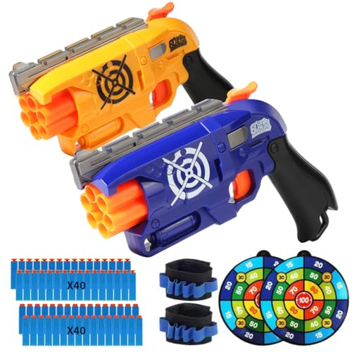2 Pack Blaster Guns Boys Toy for 6+ Year Old Kids, 2 Targets & 2 Wrist Strap,80 Soft Foam Darts Bullets, Gun Toys Gifts for Ages 8-12,Christmas Stocking Stuffers Party Supplies for Toddler Orange