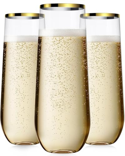 Maaacute 24 Pcak Champagne Flutes Plastic, 9 Oz Disposable Stemless Mimosa Gold Rim Toasting Glasses, Clear Crystal Plastic Cocktail Cups for Party Wedding Birthday