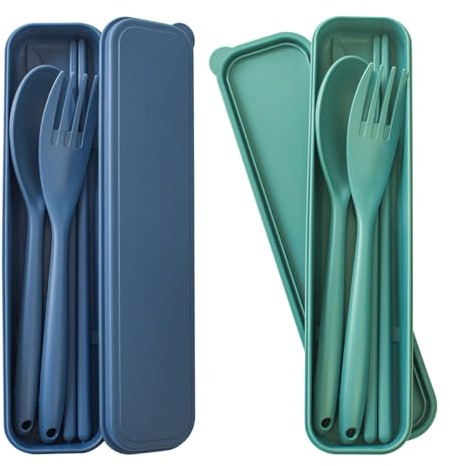 Reisebesteck mit Etui, Campingbesteck Groß Camping Besteck, Camping Besteckset 2 Personen, Plastikbesteck Mehrweg für Picknick Camping Täglich Gebrauch