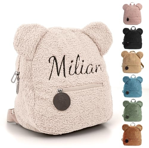 Personalized Toddler Backpack with Embroidered Name, Customized Kids Back Pack for Boy & Girls, Custom Cute Small Bag Child Bookbag for School & Travel (Beige)