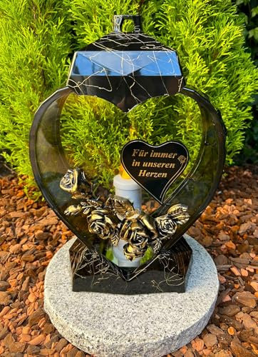 Lanterne funéraire - Décoration funéraire - Bougie avec cœur - Texte « Für immer in unseren Herz » - Couleur : noir et doré - Hauteur : 33 cm - Bougie LED sans socle