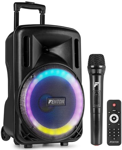 Fenton FT10LED MK2- Altavoz Activo Portátil 450W Bluetooth, micrófono UHF, woofer LED, USB/SD, Entrada Aux, Talkover, emparejamiento estéreo, Control Remoto, batería Recargable y Trolley Integrado