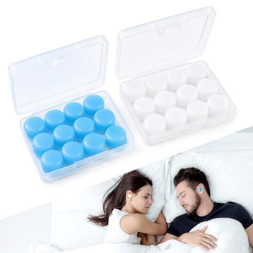 Xujinsongg 24 Pcs Ear Pugs for Sleeping, Soft Reusable Silicone Ear Plugs | Mouldable soft fit, Waterproof Noise Cancelling Ear Plugs for Swimming, Snoring, Travel, Studying and Sleeping, blue & Clear