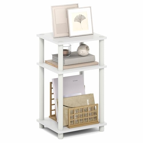 Furinno TURN-N-TUBE Side Table, 3-Tier End Table, Night Stand, Bedside Table, for Living Room, Bedroom, White