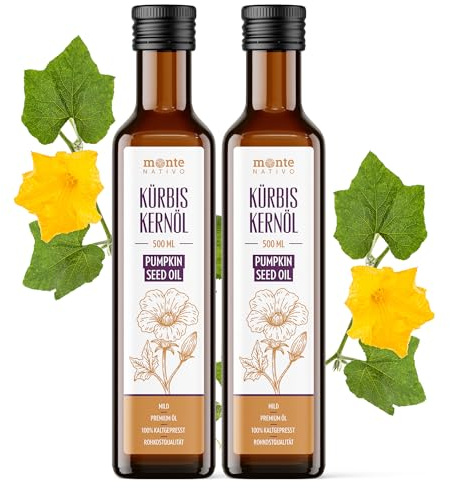 Olio di Semi di Zucca Monte Nativo (2x500 ml) – Olio di Zucca Spremuto a Freddo, Vergine e Non Raffinato – Acidi Grassi Omega per Benessere e Cura della Pelle – Ideale per Alimentazione