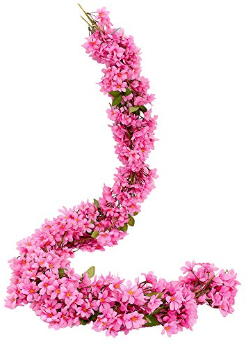 JUSTOYOU 2 Pcs 5.7FT Artificial Flowers Cherry Blossom Sakura Hanging Vine Fake Sakura Garland Fake Oriental Cherry Wreath Home Garden Party Wedding Decor（Rose Red）