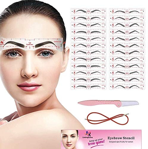 Plantilla para cejas, kit de 24 piezas para modelar cejas, plantilla de cejas reutilizable con correa, herramientas de maquillaje de 3 minutos para cejas