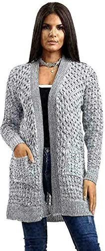 Crazy Girls Womens Crochet Knitted Boyfriend Cardigan, Marl Grey, XL (UK 16-18)