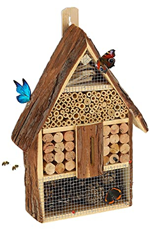 Relaxdays Insektenhotel, Verschiedene Füllmaterialien, Nisthilfe Hausform, Wildbienenhotel HxBxT 40,5 x 27 x 8 cm, Natur
