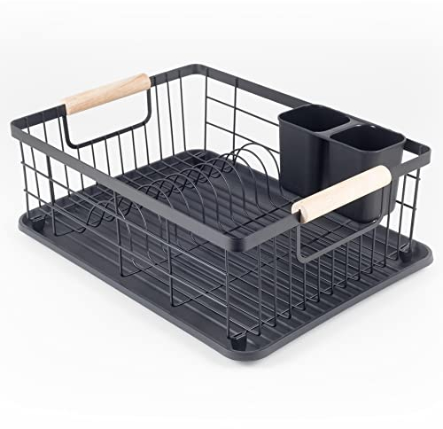 Hanseküche Vassoio scolapiatti nero opaco – Stoviglie in acciaio inox per lavello, scolapiatti con manici in legno