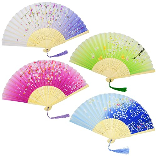 AWCIGG 4 Stück Fächer Handfächer Holz Seide Stoff Faltfächer Chinesische Stil mit Quaste Fächer Groß Klein für Hochzeit Gäste Kinder Damen Mädchen Sommer Folding Hand Fan Asiatische Deko