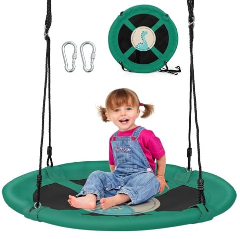 COSTWAY Altalena a Cerchio da 102 cm, Altalena a Nido con Corde Regolabili e Moschettoni, Tessuto Oxford Impermeabile, Altalena Rotonda da Esterno con Rotazione a 360° per Bambini(Verde)