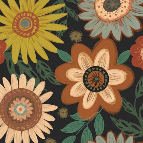 VOLEAAR Sunflower Floral Contact Paper Vintage Wallpaper Boho Peel and Stick Wallpaper Removable SelfAdhesive Hand Drawn DIY Wall Paper for Cabinet Countertop 44.5CM x 1000CM