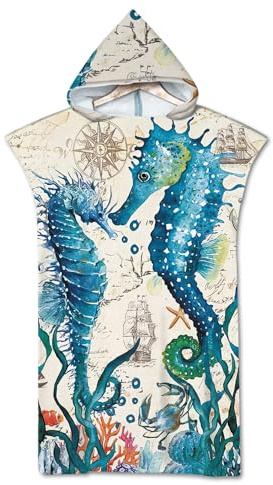 Rowjoy, asciugamano a poncho da spiaggia, poncho da surf con stampa di animali oceanici, asciugamano da spiaggia blu con cappuccio con mondo sottomarino, asciugamano a poncho ad asciugatura rapida per