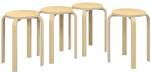 HOMCOM Ensemble de 4 tabourets empilables Modernes, tabourets Ronds sans Dossier pour la Cuisine, la Salle à Manger, Le Bureau, Ø40 x 45H cm Bois Naturel