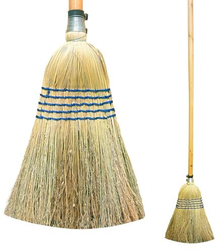 Traditional Corn Broom with 100% Natural Straw Bristles - Outdoor Broom for Horse Stables, Farm Yards, Gardens, and Workplaces - 120cm Wooden Handle, No Need to Bend Broom