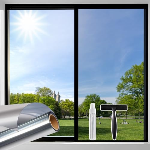 Beautysaid Reflective One Way Window Film Privacy, Silver 105 x 300cm, | Sun Blocker Window Tint with Tools, Mirror See Out Not In Heat & Glare Control UV Protection, Home Office Living Room Sticker