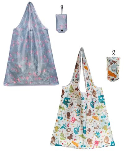 BNREOZA 2 pezzi Borsa pieghevole, riutilizzabile, portatile, ecologica, lavabile in poliestere, resistente e leggera, carico massimo fino a 20 kg, 58*38 cm