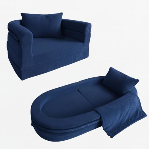 Canapé en Mousse pour Enfants avec Couverture & Oreiller, Sofa Convertible 3-en-1 Pré-assemblé pour Tout-petits, Chaise Pliable d'Intérieur & Lit de Sol Dépliable pour Garçons & Filles (Marine)