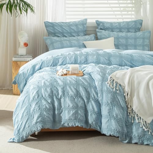 Gezu Biancheria da letto in seersucker blu, 155 x 220 cm, a quadretti, estiva, traspirante, rinfrescante, moderna, romantica, reversibile, copripiumino da 155 x 220 cm e 2 federe da 80 x 80 cm, con