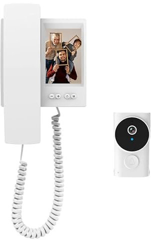 TKMARS Sonnette sans Fil avec Caméra et Écran 1080P, Visiophone sans Fil Étanche IP44, Interphone Vidéo Audio Bidirectionnel, Vision Nocturne, Portier Vidéo sans APP sans WiFi sans Abonnement Blanc