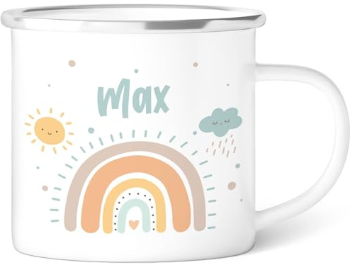 GRAVURZEILE Taza esmaltada para niños, diseño infantil, personalizable, 8 diseños diferentes, 300 ml, regalo para niños y niñas, color azul pastel