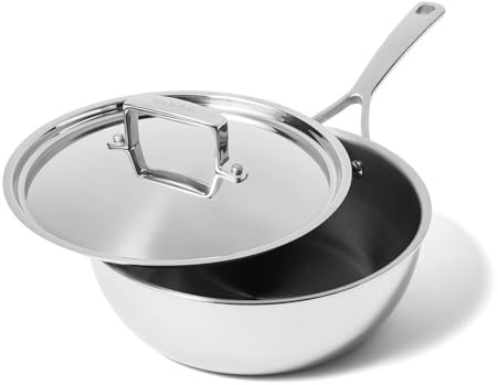 Sur La Table Classic 5-Ply Stainless Steel Chef Pan with Lid, 3.5 Qt, 5-Ply Wide Pan with Straight Sides for Searing, Sautéing and Pan Sauce Building, 3.5 Qt