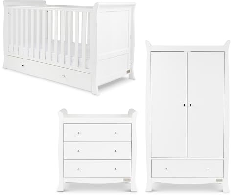 Ickle Bubba Snowdon Classic 3pc Nursery Furniture Set with All Seasons Pocket Sprung Mattress – 4-in-1 Sleigh Cot Bed (Fits 140x70cm Mattress) with Under Drawer Storage, Changing Unit & Wardrobe