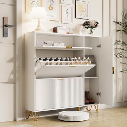 Aneutr Schuhschrank 3 Klappen, schmales Schuhregal aus Holz, platzsparender Schuhkipper Schuhkommode mit Metallfüßen für Eingang, Flur, Wohnzimmer (Weiß, 110 x 24 x 114,5 cm)