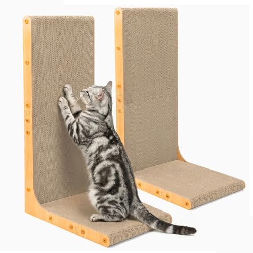 Conlun Cardboard Cat Scratcher,66 cm L Shape Scratch Pad | Vertical Wall-Leaning Scratching Board to Protect Furniture for Indoor Cats,Wood Grain Jumbo(2-Pack)