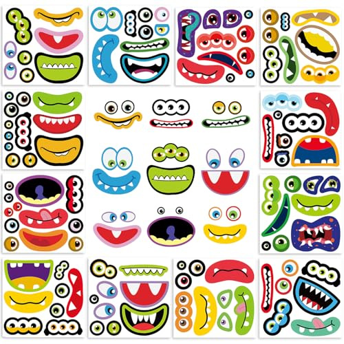 Adesivi con viso di mostro, 12 fogli (fanno 36 volti), PVC lucido impermeabile, mix and match occhi e bocche, decalcomanie Build-a-Monster per artigianato per bambini, Halloween, bottiglie d'acqua e