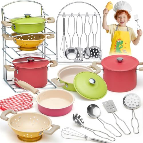 Tacobear Accesorios Cocinita Infantil Utensilios de Cocina Olla y Sartén Acero Inoxidable con Delantal Chef Juego de rol Mini Cocina de Juguete para Niño Niña 3 4 5 Años