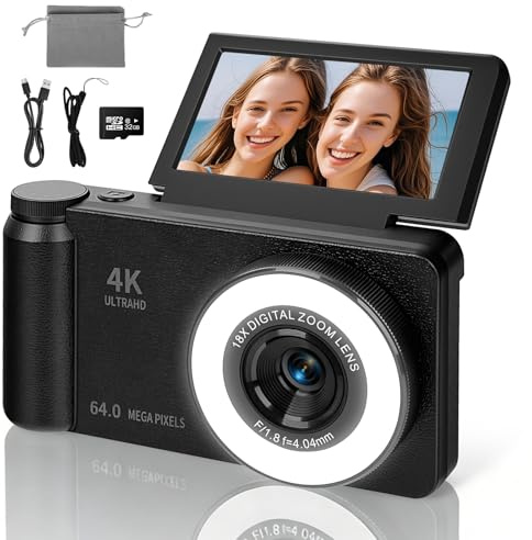 4K 64MP Digitalkamera mit Beauty Licht & Schönheitsmodus Autofokus Kamera Fotokamera Kompakte Vlogging Kamera 3 Zoll 180° Flip Bildschirm 18X Digitalzoom 20 Filter 32G Karte für Kinder Jugendliche