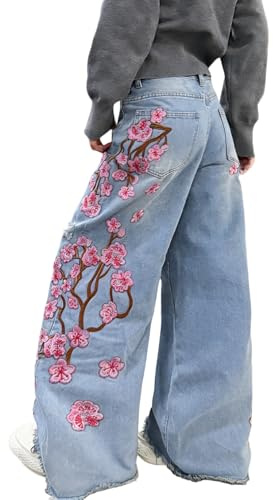 OYICAI Baggy Jeans Wide Leg Trousers for Women | Oversized Loose Trousers fit Pants,Hip Hop Y2k Jeans,Streetwear Skate Style,Vintage Look with Embroidery,Ladies Trousers