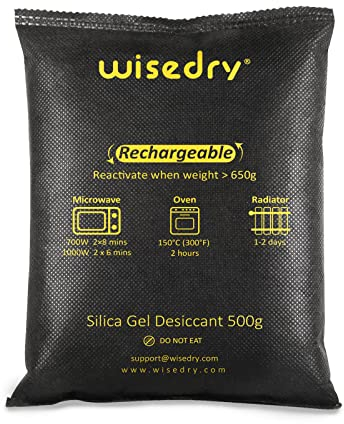 wisedry Lot de 2 sachets de gel de silice réutilisables pour déshumidificateur de voiture, 1 kg [2 x 500 grammes] Sachets déshydratants réactivés rapidement pour éliminer la buée et l'humidité du