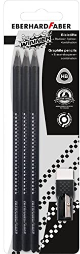 Eberhard Faber 510197 - Winner Bleistift, Set mit 6 Stiften, Spitzer mit Radierer, Härtegrad HB, zum Schreiben, Zeichnen, Illustrieren und Skizzieren