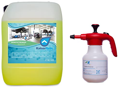 KaiserRein Werkstattreiniger Konzentrat KF im 10L Kanister (Inhalt 10,1kg) mit Pumpdrucksprüher 1,5L Abd. ähnlich Boden Maschine Fahrzeug Universalreiniger Industriereiniger geeignet, HD Reiniger