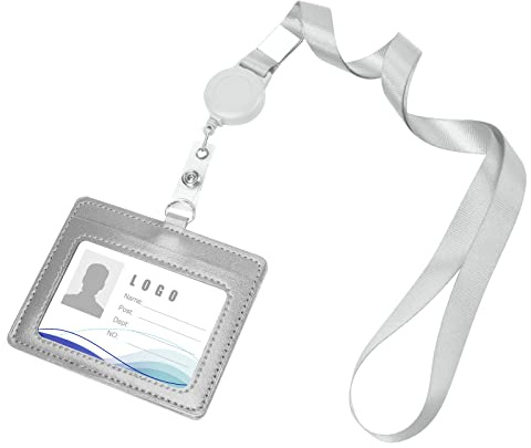 Vicloon Colgante de Tarjeta de Identificación PU, Soporte de Tarjeta ID de Doble, Caracuero Horizontal Portatarjetas con Lanyard y Retráctiles para Personal, Oficina (Gris