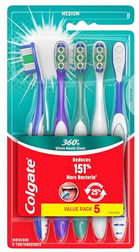 Colgate 360 Whole Mouth Clean Toothbrush, Adult Medium Toothbrushes, 5 Count (Pack of 1)