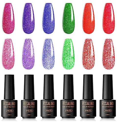 ROSALIND UV Nagellack Pastell, 6 Farben Mini Gel Nagellack, UV Sommer Set Glitzer Soak Off Nail Polish French Manicure für Anfänger DIY Nail Art Maniküre Salon