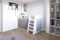 Marlux-Meble Hochbett JSM-1 80x190 TREPPE RECHTS 129 cm Hoch mit Kleiderschrank Schreibtisch Schränke Hochglanz Funktionsbett Etagenbett Stockbett Kinderhochbett Jugendhochbett (Hellgrau Glanz)