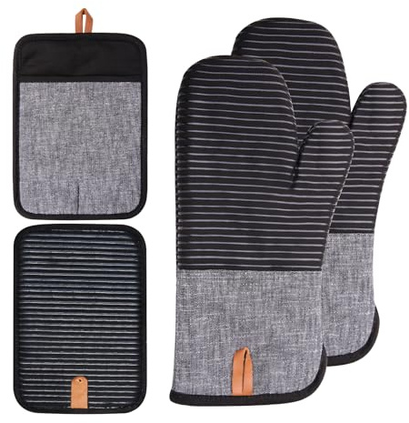 4PCS TIPTAP Oven Mitts, Kitchen Oven Mitts Set, Non Slip Cotton Oven Mitt and Pot Holders,Heat Resistant, Machine Washable,2 Long Mit and 2 Pot Holder(Black)